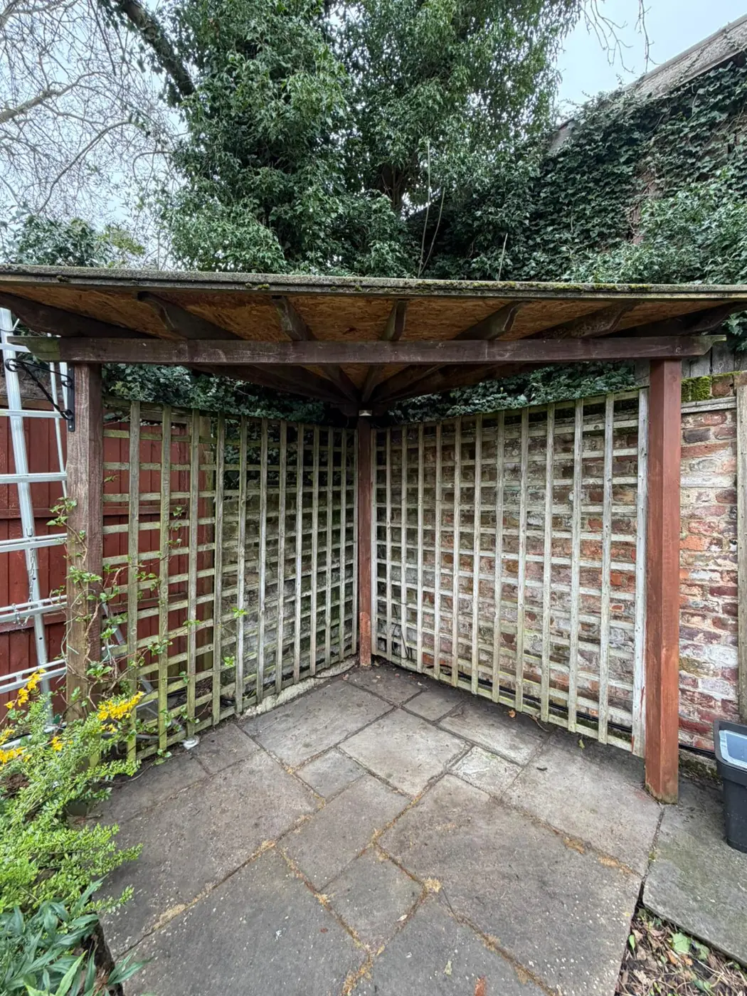 Older timber corner pergola over paving with trellis screens